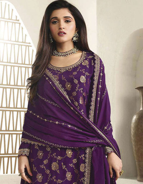 Designer Traditional Wear Viscose Chinon Salwar Suit Purple Viscose Chinon Palazzo Suit Close-up View